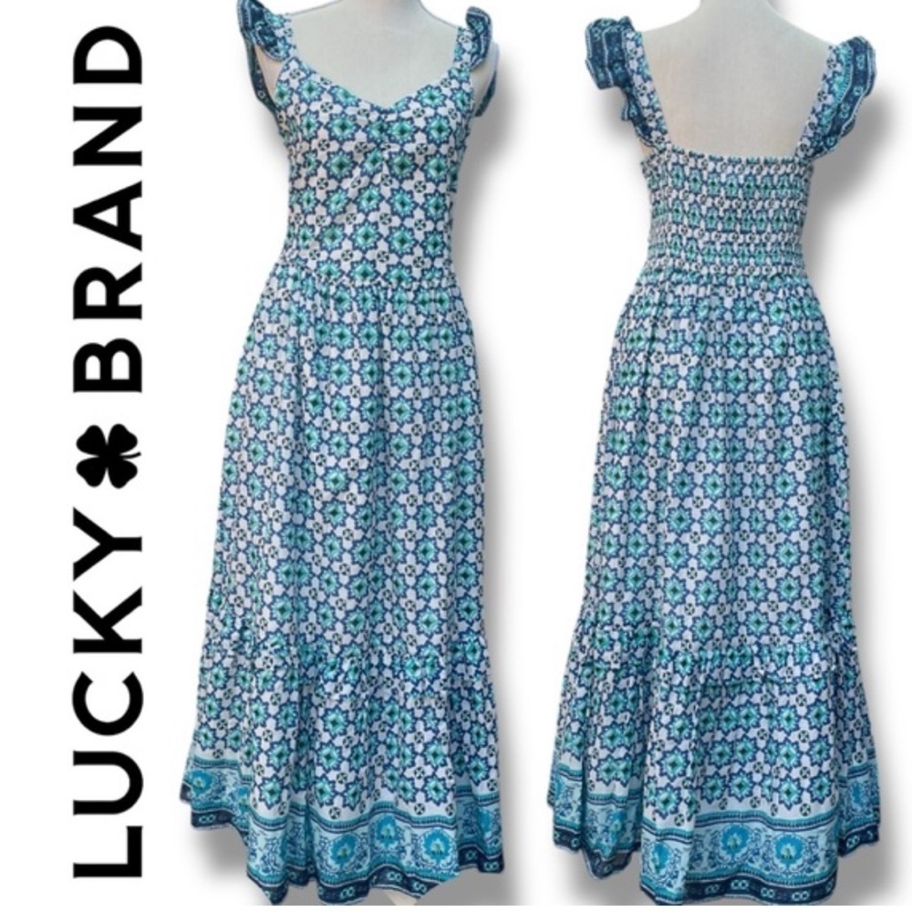 NWT Lucky Brand Women’s Floral Tiered Maxi Dress Blue White Size M